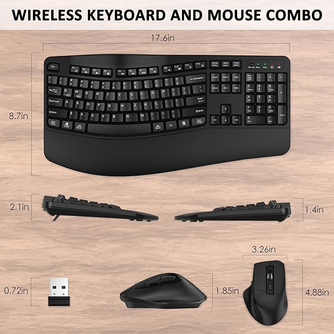 Wireless Keyboard and Mouse Combo, EDJO 2.4G Full Size Wave Keys Ergonomic Keyboard with Wrist Rest and 3-Level DPI Adjustable Wireless Ergonomic Mouse for Windows, Mac OS Desktop/Laptop/PC(Black)