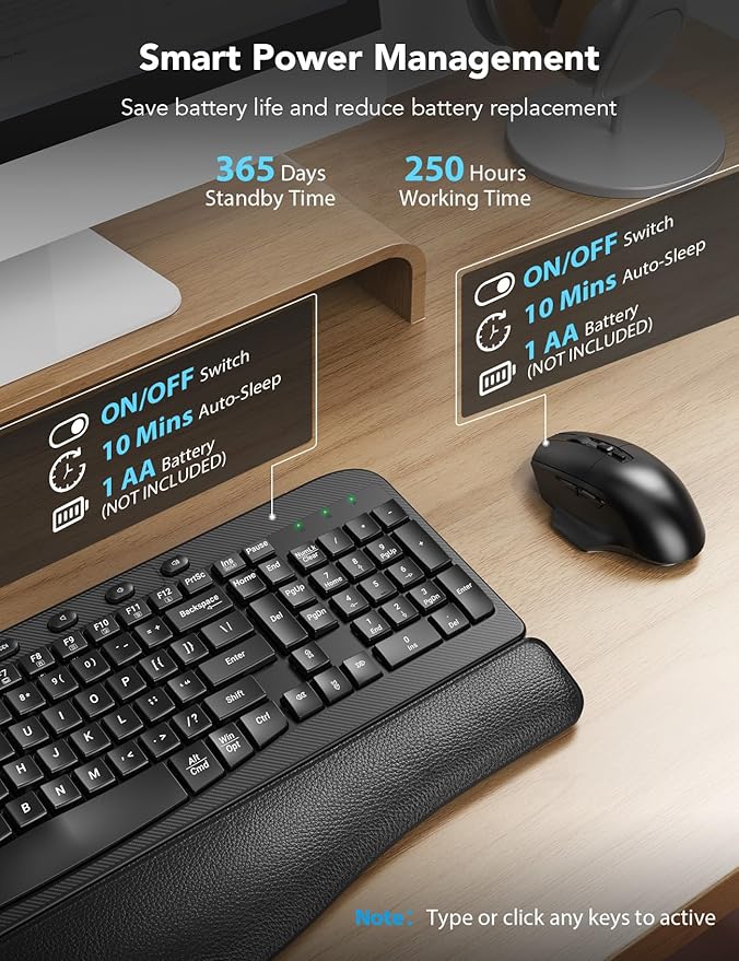 Wireless Keyboard and Mouse Combo – Ergonomic Wave Key, Built-in Leather Soft Palm Rest, 2.4G Full Size, 6-Button Mouse with 4-Level DPI, Dual USB-A/USB-C, MA12 for Windows & macOS Compatible- SABLUTE