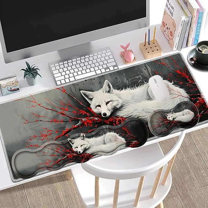 Large Gaming Mouse Pad + Keyboard Wrist Rest + Wrist Support + Coaster Set, Memory Foam Ergonomic for Easy Typing, XXL Extended Gaming Mouse Pad Table Pad - Red Branch and Fox