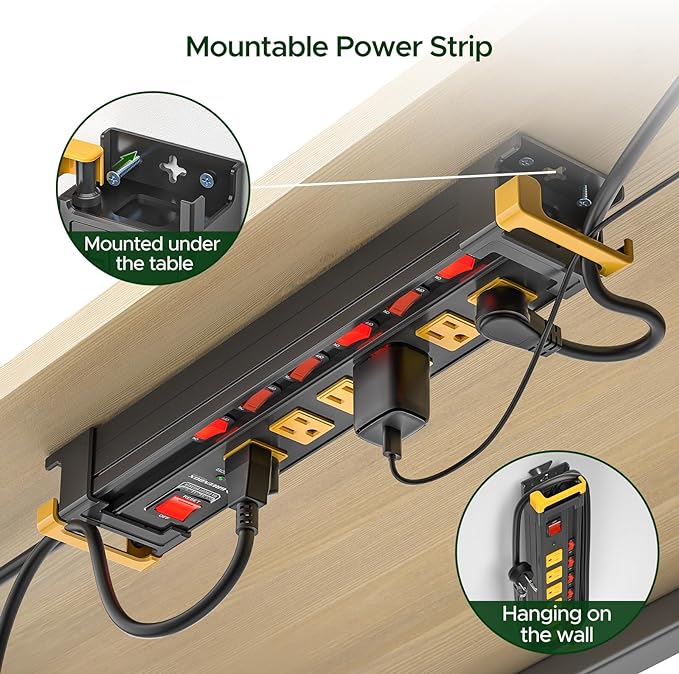6 Outlet Heavy Duty Power Strip with Individual Switches, 3300J Surge Protector Metal Mountable Power Strip, 6FT Cord Management, Wide-Spaced, ETL Listed (15A/1875W)
