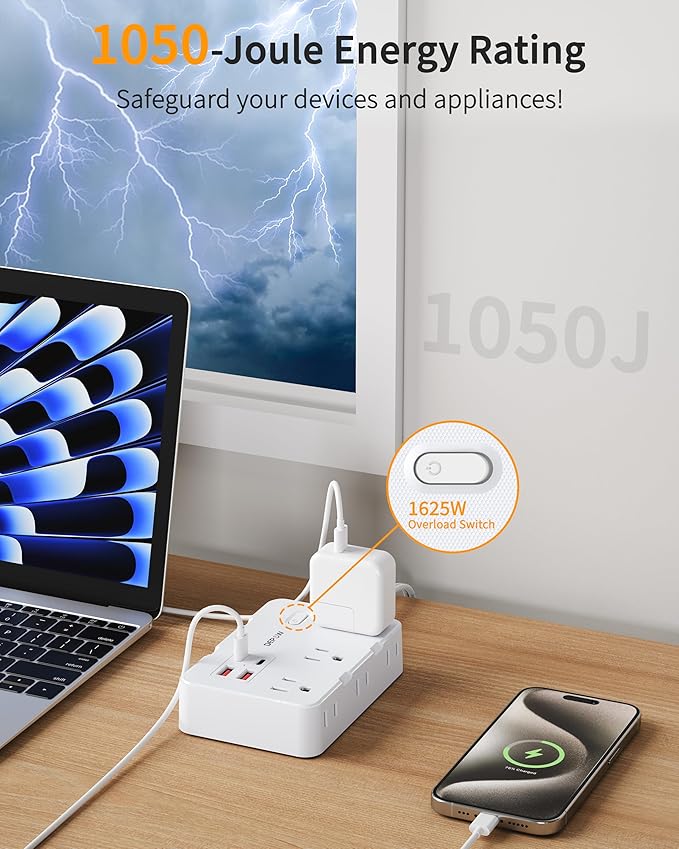2 Prong to 3 Prong Adapter Power Strip - 6 Outlets & 4 USB Ports (2 USB-C), 1050J Two Prong Surge Protector, 5FT Extension Cord, Wall Mount - Ideal for Old Houses Non-Grounded Outlets