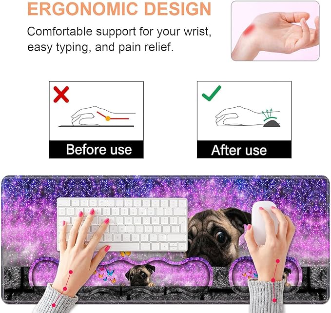 Ergonomic Keyboard Wrist Rest & Mouse Pad Wrist Rest Set, Large XXL Gaming Desk Mat 31.5"x 11.8" with Non-Slip Base, Memory Foam, Easy Typing Pain Relief for Home & Office, Cute Pug and Butterfly