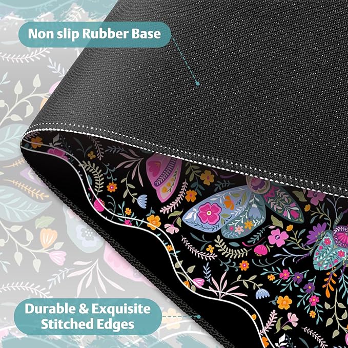 Desk Mat for Keyboard and Mouse, Large Non-Slip Mouse Pad Keyboard Pad, Computer Mats for Desktop, Cute Desk Pad with Stitched Edges for Office, Gaming I Black Colorful Folk Art