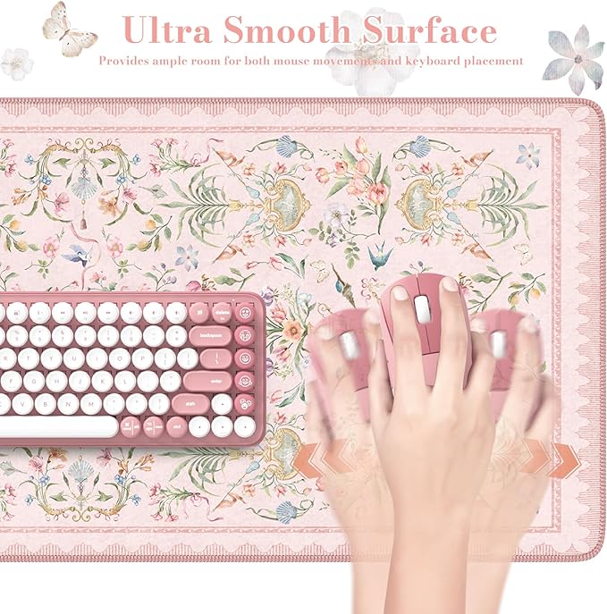 HAOCOO French Floral Desk Mat, Pink Desk Cover Mat, 35.4" x 15.7" Cute Long Mouse Pad, Aesthetic Flower Desktop Mat Accessories, Waterproof Teacher Desk Mat for Work, Study