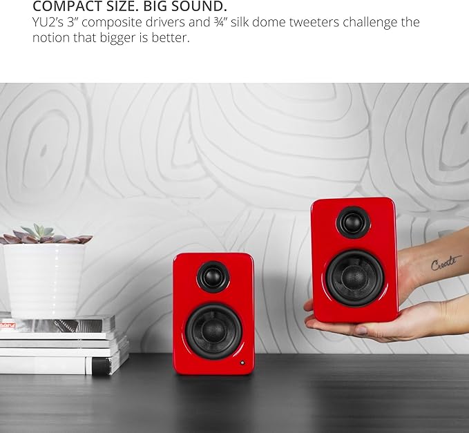 Kanto YU2GR PC Gaming Desktop Speakers | 3" Composite Drivers | 3/4" Silk Dome Tweeter | Class D Amplifier | 100 Watts | Built-in USB DAC | Subwoofer Output | Pair | Gloss Red