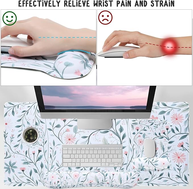 MEGREZ 4-in-1 Ergonomic Memory Foam Wrist Rest Set, Desk Pad, Mouse Pad with Wrist Rest, Keyboard Pad, Suitable for Office Workers, Programmers & Gamers–Relieve Typing & Gaming Fatigue, White Flower