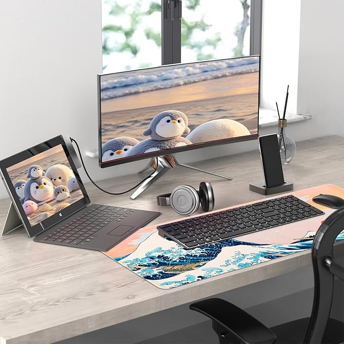 Japanese Mouse Pad,Large Gaming Mousepads for Desk, Summer Sea Wave Keyboard Pad,Non-Slip Rubber Base Mouse Mat for School,Office,Home 31.5 x 11.8 Inch