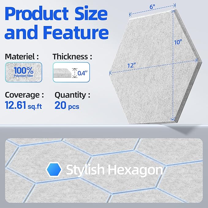 20 Pack Hexagon Acoustic Panels with Self-Adhesive, 12" X 10" X 0.4" Sound Proof Foam Panels for Walls, High Density Soundproof Wall Panels, Sound Dampening Panels for Home Studio Decor Office - Gray