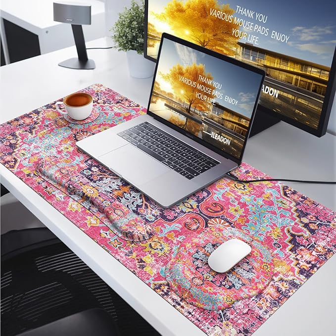 iLeadon Mouse Pad Set, Boho Desk Mat + Mouse Pad with Wrist Rest + Keyboard Wrist Rest + Coaster, 4in1 Mouse and Keyboard Pad Set for Home Office, Rug Fuchsia
