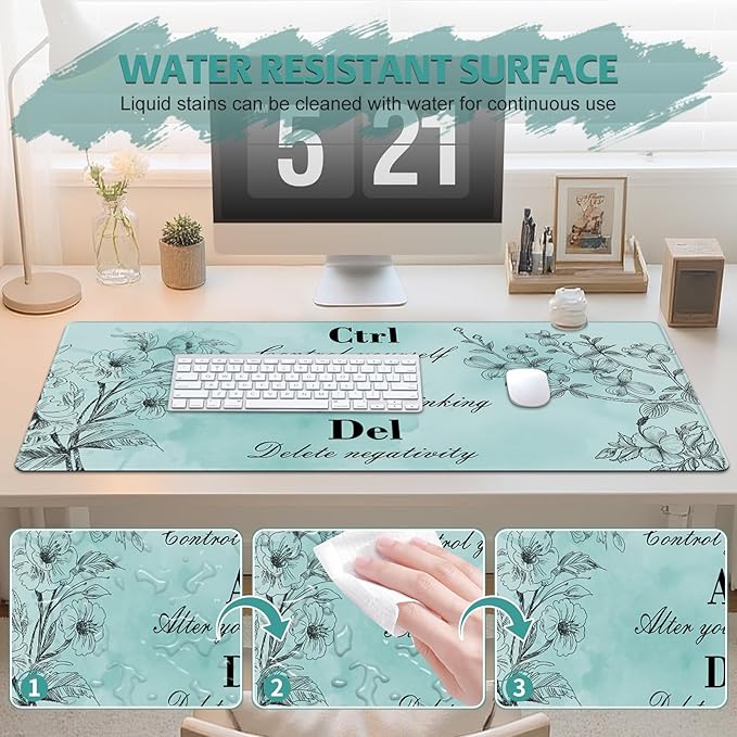 Desk Mat for Keyboard and Mouse, Large Mouse Pad for Desk, Non-Slip Keyboard Pad, Computer Mats for Desktop, Cute Pad with Stitched Edges for Office, Gaming I Mint Green Ctrl Alt Del