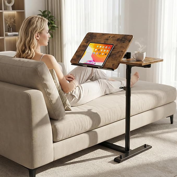 Rolling Table for Laptop Stand, Height and Angle Adjustable Over Bed Table with Wheels, Tilt-Top Laptop Desk for Couch with Cup Holder, Bed Table Tray for Eating (Rustic)