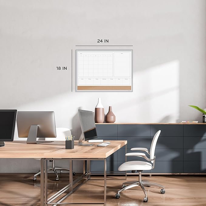 U Brands Magnetic Dry Erase 4-in-1 Calendar White Board, 24" x 18", Silver Aluminum Frame