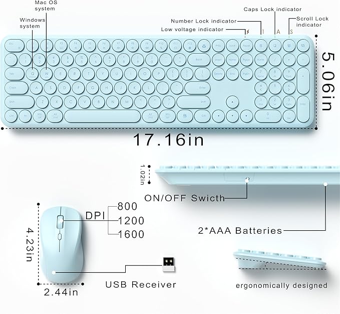 Wireless Keyboard and Mouse Set – MPTOG Full-Sized 110Pcs Slim Round Key Design, Quiet Typing, Adjustable DPI Ergonomic Mouse, Wireless Combo for PC, Mac, Laptop, Tablets(Crystal Blue)