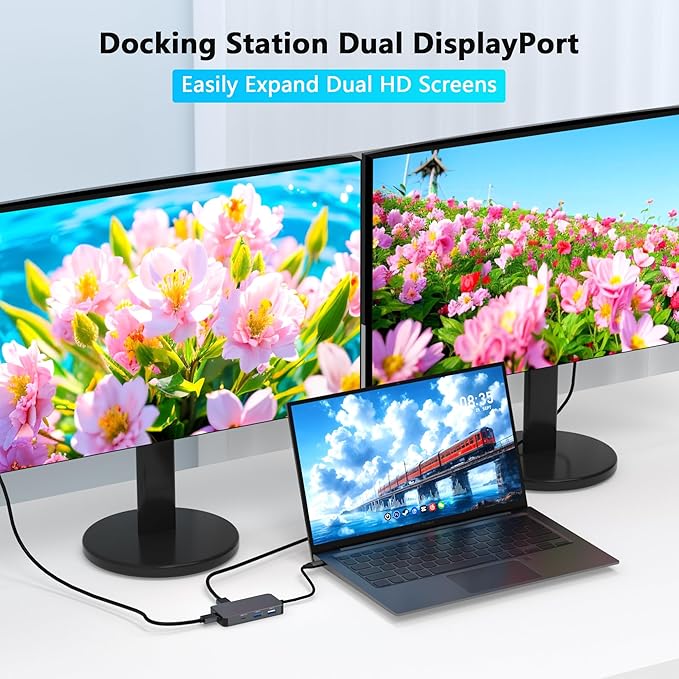 Display port Splitter for Dual Monitors, Dual Display Port USB C Docking Station for Dell/HP/Mac Laptop, 7 IN 1 4K@60Hz Docking Station Dual Monitor with USB3.0/USB-C Data/100W PD, Displayport MST Hub