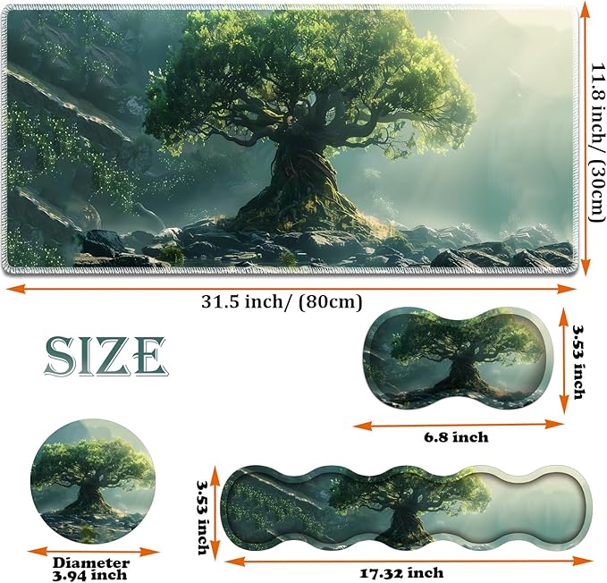 Large Gaming Mouse Pad + Keyboard Wrist Rest + Wrist Support + Coaster Set, Memory Foam Ergonomic for Easy Typing, XXL Extended Gaming Mouse Pad Table Pad - Tree of Life