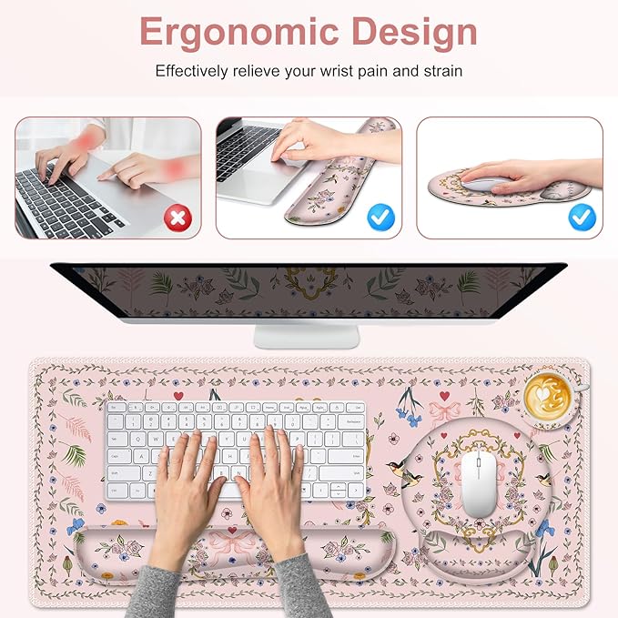 Romantic Pink Floral Mouse Pad, XXL Large Desk Mat Extended Reading Desk pad, 4PCS Non-Slip Rubber Base Computer Big Mousepads for Work, Game, Office, Home Decor Gifts Accessories I Cute Collection