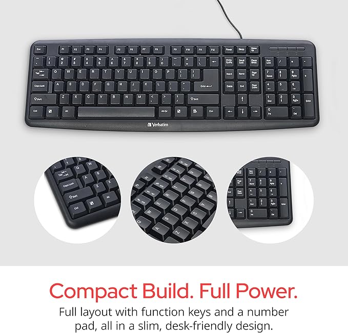 Verbatim Slimline Wired Keyboard USB Plug-and-Play Numeric Keypad Adjustable Tilt Legs Corded Full-Size Computer Keyboard Compatible with PC, Laptop - Frustration Free Packaging Black 99201