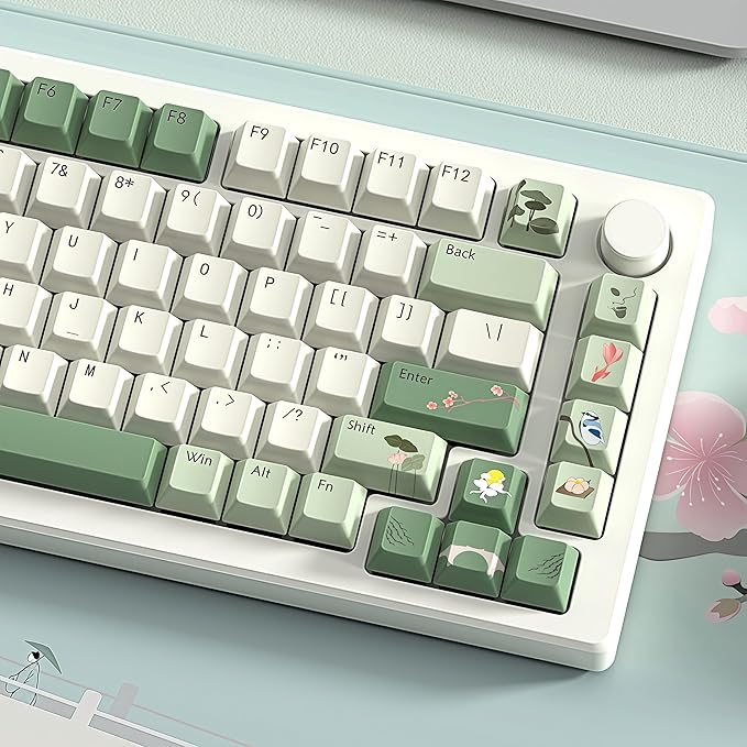 dagaladoo Matcha Green Keycaps PBT,dye Sublimation keycaps 60% 65% 100%, Spring Tea Custom Keycap Set, Cherry Profile Keyboard caps for 60% 65% 75% 100% TKL US Layout Mechanical Keyboard（134keys