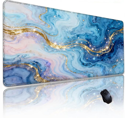 Blue Marble Mouse pad, Large Gold Micro-Woven Fabric Desk mat, with Sewn Edges, Anti-Slip Rubber Base, Suitable for Office Gaming laptops (31.5×11.8 inches)