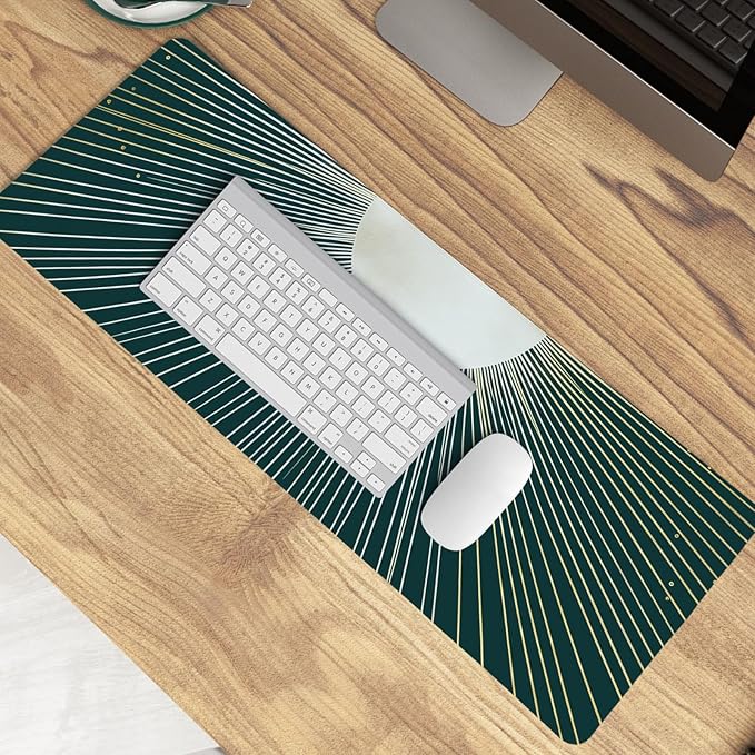 Boho Gold Sunburst Mouse Pad,XL Large Retro Minimalist Art Aesthetic Desk Mat,Dark Green Summer Sun Mousepad for Home Office Dorm Desktop Decor,31.5x11.8 Inch