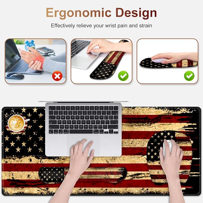 Large Mouse Pad with Wrist Support 4in1 Set, XXL Game Mousepad + Keyboard Wrist Rest+Mouse Wrist Rest+Coaster with Ergonomic Design Gaming Mat for Home Office Table Computer I Retro USA Flag