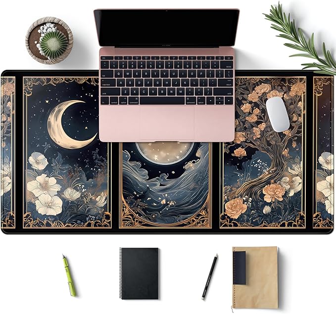 Celestial Lunar Nature Tarot Card Desk Mat Moon Floral Large Mouse Pad XXL 31.5''X 15.7'' Witch Night Botanical Desk Pad Gaming Mousepad Keyboard Mouse Mat for Laptop Computer Office Decor Gift