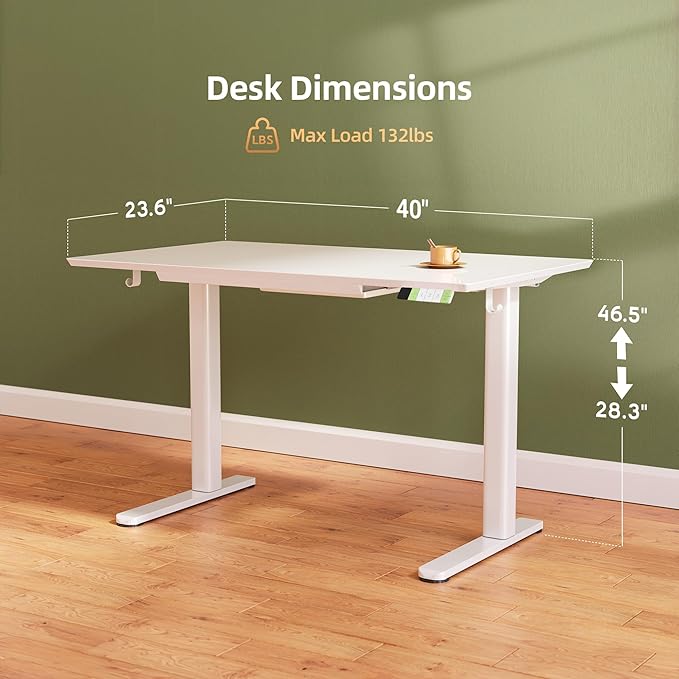 INNOVAR Glass Standing Desk with Drawers, 40×24 Inch Adjustable Stand Up Desk Quick Install Home Office Computer Desk, Super White