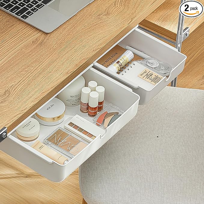 2 Pack Under Desk Drawer, Large & Medium Self-Adhesive Under Desk Organizer, Hidden Under Desk Storage Box Cosmetics Case Stick On Under Table Tray Holder for Cutlery, Office Supplies, Stationery