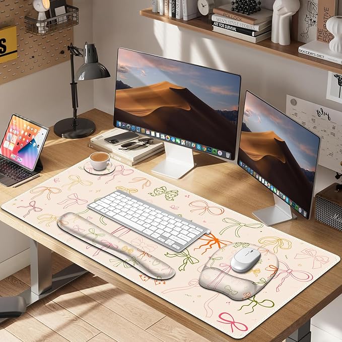 Apricot Mouse Pad with Wrist Support 4 in1 Set, XXL Big Game Mousepad + Keyboard Wrist Rest + Mouse Wrist Rest Pad +Coaster Gaming Mat for Home Office Work Computer I Colorful Cute Girl's Bow