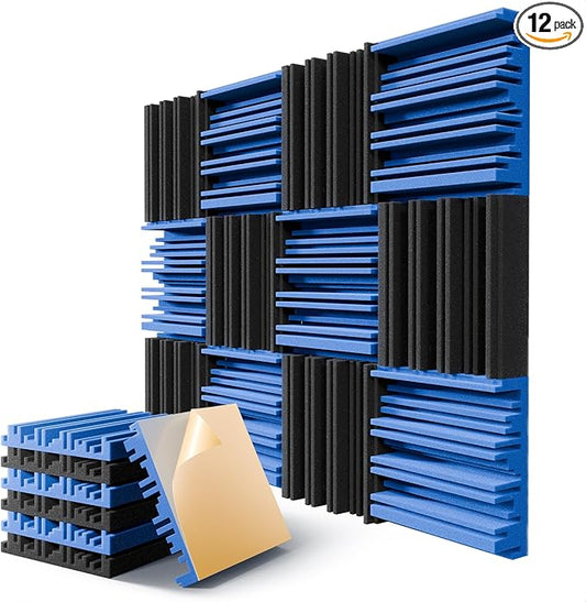 12 Pack Acoustic Foam Panels for Walls, 12" x 12" x 2" Soundproof Wall Panels, Self-Adhesive Soundproofing Padding, High Resilience Sound Absorbing Panels for Home Studios, Offices - Black & Blue