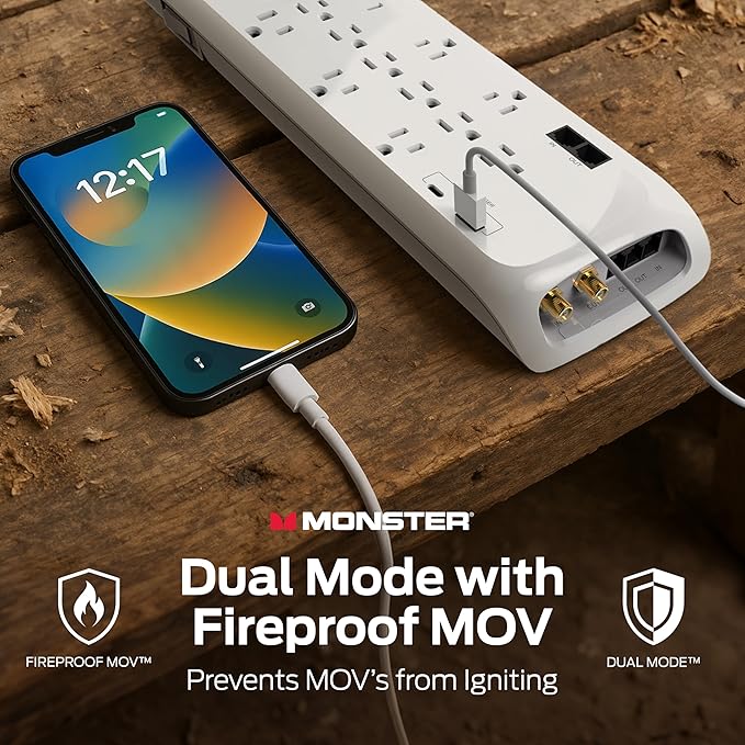 Monster Power Surge Protector w/ 4050 Joule Rating — Heavy Duty 6 FT Surge Protector Power Strip w/ 12 Outlets, 2 USB, 2 Coax, 2 Ethernet Ports — Fireproof MOV, Dual Mode, Clean Tech (White)
