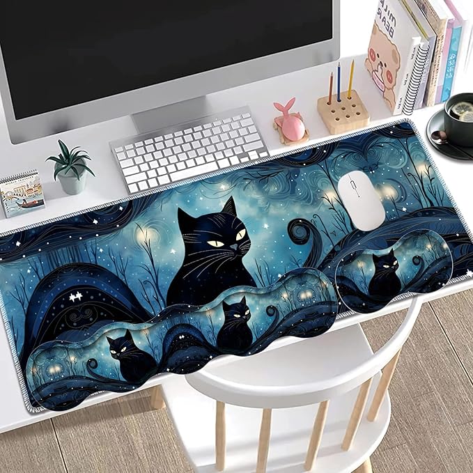 Large Gaming Mouse Pad + Keyboard Wrist Rest + Wrist Support + Coaster Set, Memory Foam Ergonomic for Easy Typing, XXL Extended Gaming Mouse Pad Table Pad - A Cat in The Moonlight