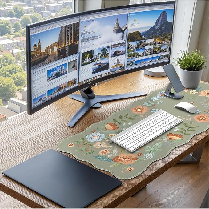iCasso Scalloped Desk Mat for Keyboard and Mouse, Scalloped Large Mouse Pad, Floral Desk Pad Mat, Anti-Slip Big Mousepad with Stitched Edges for Computer (Bean Green)