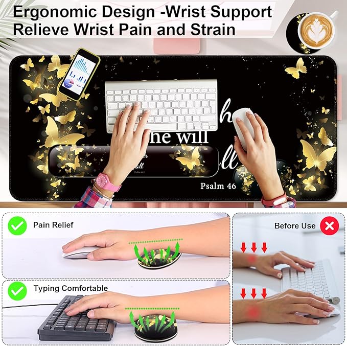 Keyboard Wrist Rest + Mouse Pad with Wrist Support + Desk Mat + Coaster 4 in 1 Set,Desk Matt for Desktop,Cute Large Gaming Ergonomic Mousepad for Computer Laptop Office Home Decor-Gold Butterfly
