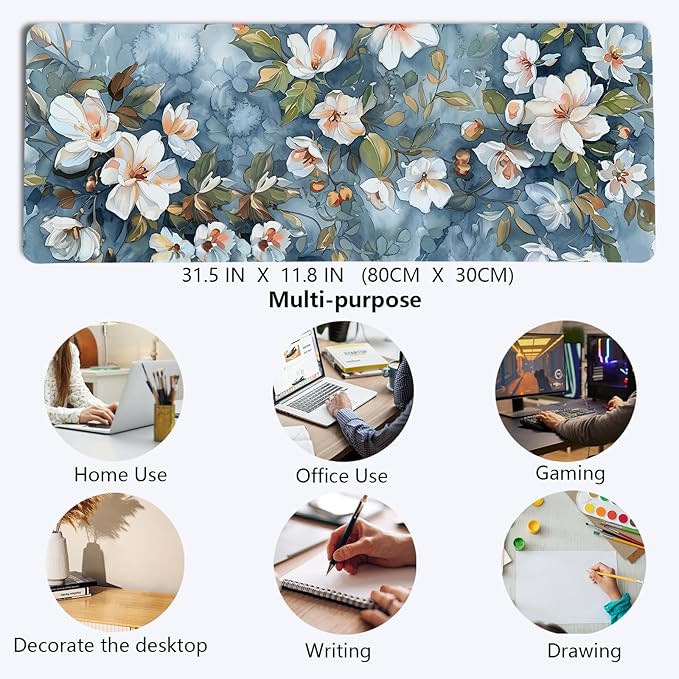 Navy Blue Vintage Watercolor Flowers Mouse Pad,Aesthetic Summer Flower Desk Mat,Spring White Wildflowers Mouse Pad,Elegant Botanical Mousepad for Home Office Dorm Desktop Decor,31.5x11.8 Inch