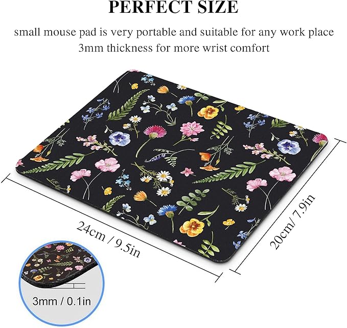 Floral Mouse Pad Mousepad Flower Black Cute Pretty Aesthetic Desk Mat Daisy Plant Botanical Leaf Square Women Laptop Computer Gaming Office Small Portable Non-Slip Wireless Washable Accessories