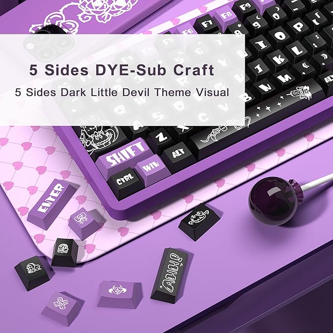 PBT Keycaps, 138 Keys Dark Little Devil Theme OEM Height Keycaps Dye-Sublimation Set for 61/64/68/84/87/100/104/108 Cherry MX Mechanical Keyboard