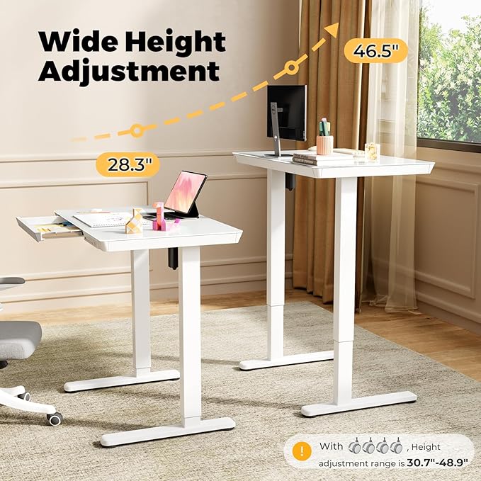 Glass Small Standing Desk with Drawer, 31.5" x 20" Whole Piece Electric Sit Stand Table, Height Adjustable Desk with Storage & USB Ports, Quick Install Home Office Computer Desk, White