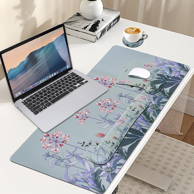 MEGREZ 4-in-1 Ergonomic Memory Foam Wrist Rest Set, Desk Pad, Mouse Pad with Wrist Rest, Keyboard Pad, Suitable for Office Workers, Programmers & Gamers–Relieve Typing & Gaming Fatigue, Blue Gray