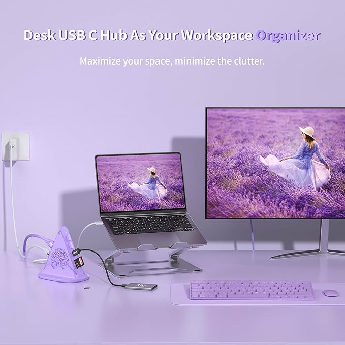 USB C Hub, Purple 8-in-1 Type C Multiport Adapter with 4K@30Hz HDMI, 100W PD, 5Gbps 1xUSB-C, 3xUSB-A 3.0, SD/TF Slots ＆ RGB Lighting, Purple USB Hub for MacBook Air/Pro, iPad, iMac, Surface