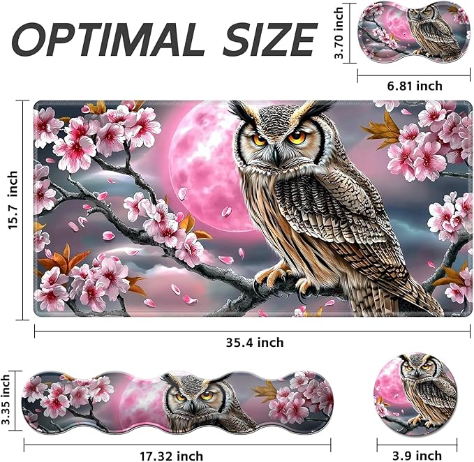 Gaming Mouse Pad Set, Cherry Tree Owl Large Desk Mat Mousepad, Keyboard Wrist Support, Mouse Wrist Rest, Coaster 4in1 Ergonomic Memory Foam, Non-Slip Stitched Edge for Home Office