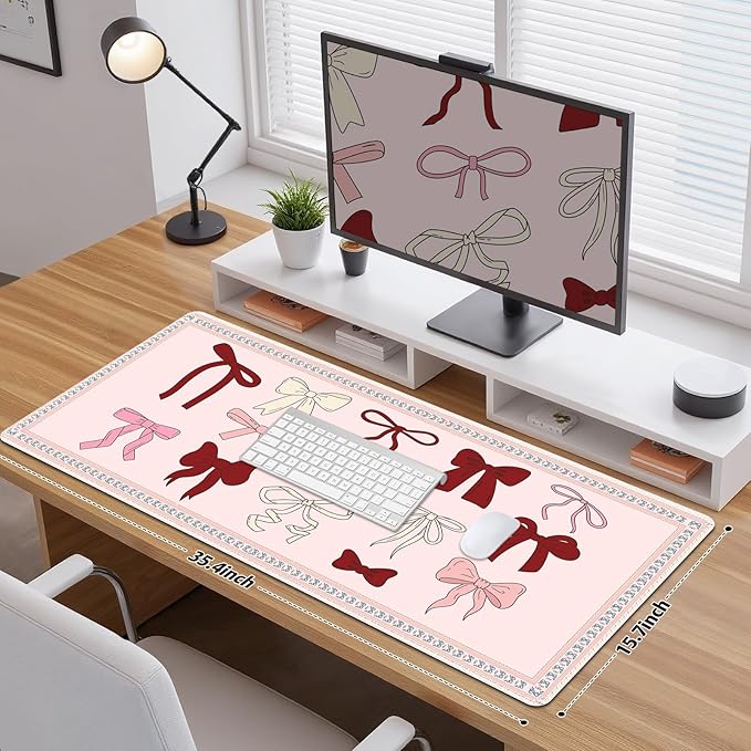 Desk Pad for Keyboard and Mouse, Large Mouse Pad for Desk, Non-Slip Keyboard Mat, Computer Mats for Desk, Desk Pad with Stitched Edges for Office, Gaming Girl Women I Cute Pink Red Bow
