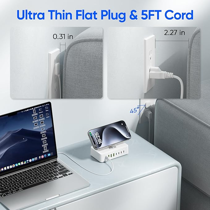 300W USB Charging Station, 11-in-1 USB C Power Strip Surge Protector, 2AC Outlets & 8USB Ports, 5ft Flat Plug Extension Cord with Multiple Devices, Desktop Charger for Home Office Desk