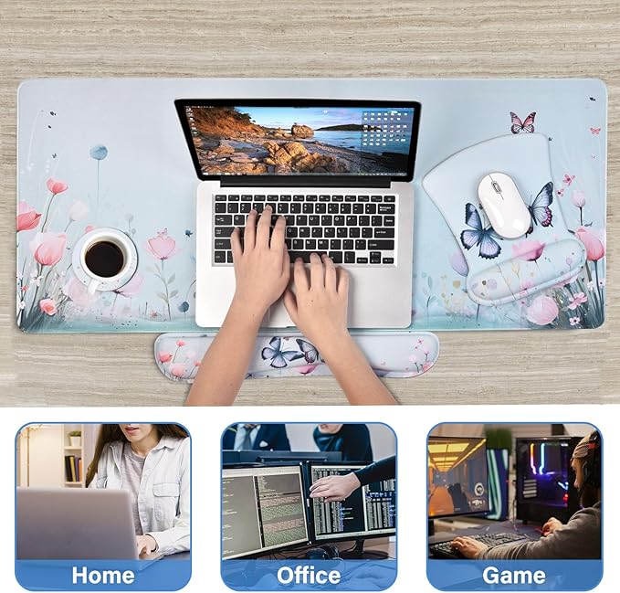 MEGREZ 4-in-1 Ergonomic Memory Foam Wrist Rest Set, Desk Pad, Mouse Pad with Wrist Rest, Keyboard Pad, Suitable for Office Workers, Programmers & Gamers–Relieve Typing & Gaming Fatigue,