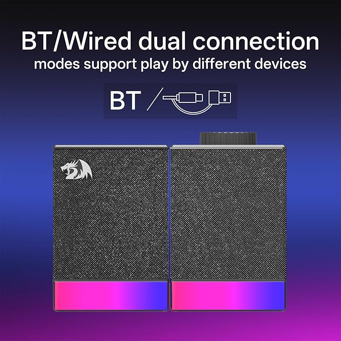 Redragon GS517 RGB Computer Speaker - 2.0 Stereo Sound System with BT & USB Dual Connectivity, 8 RGB Lighting Effects, Touch Controls & Volume Knob - Perfect for Gaming & Multimedia