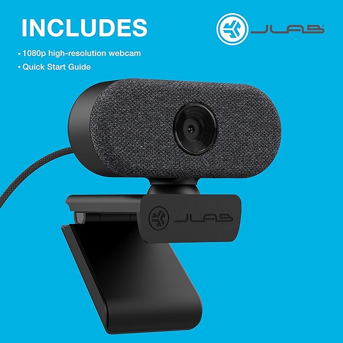 JLab Go Cam USB HD Webcam, Black, 1080P/30 FPS, 2.1 Megapixels, Minimalist Portable Set-up, Omni-Directional Microphone, Compatible with PC, Mac and Chromebook