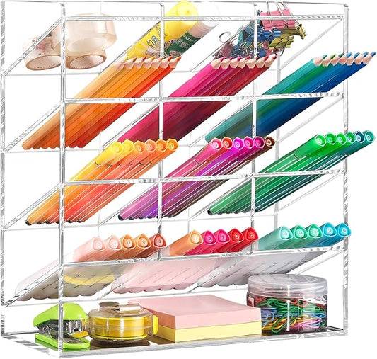 BEYGORM Acrylic Vertical Marker Organizer for 150 Markers with 13 Compartments, Clear Angled Pen & Pencil Holder, Large Desk Stationery & Art Supply Storage for Office & School (10.2 x 9.8 x 4 Inch) | for 150 Markers, Angled, Pen Holders, Desktop Organ...