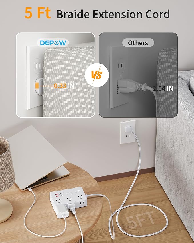 2 Prong to 3 Prong Adapter Power Strip - 6 Outlets & 4 USB Ports (2 USB-C), 1050J Two Prong Surge Protector, 5FT Extension Cord, Wall Mount - Ideal for Old Houses Non-Grounded Outlets