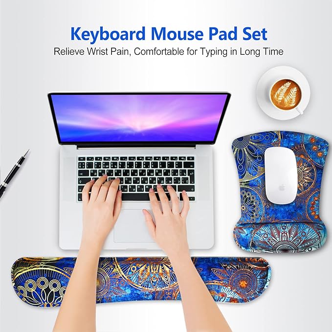 ToLuLu Keyboard Wrist Rest Mouse Pad Support, Gel Ergonomic Mouse Pads for Computer Laptop PC, Comfortable Durable Mousepad Keyboard Wrist Rests for Easy Typing Pain Relief, Blue Mandala