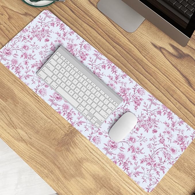 Pink Chinoiserie Mouse Pad,Vintage Pink and White Floral Desk Mat,XL Large Vintage Flowers Preppy Mouse Pad,Girly Laptop Desk Mat for Dorm Home Office,31.5x11.8 Inch